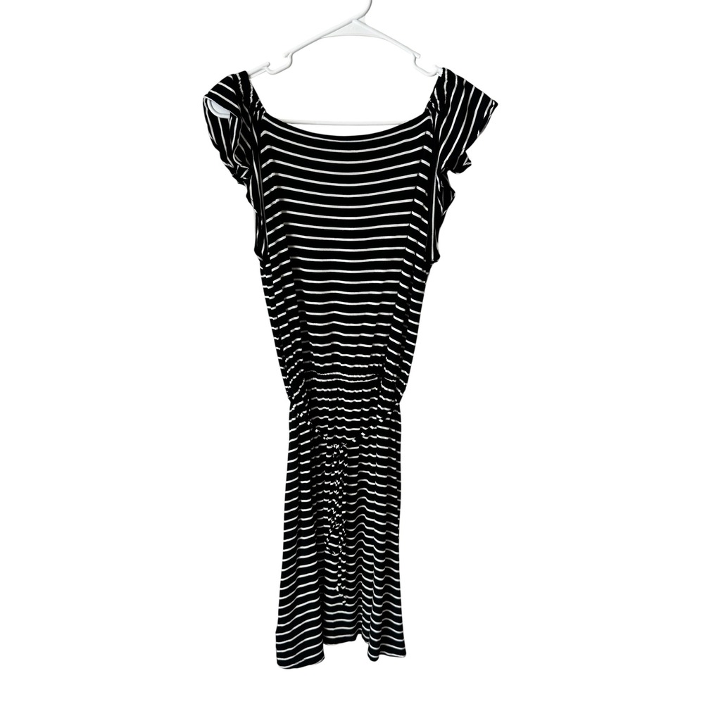 LOFT Black White Striped Short Sleeve Drawstring Waist Dress Size S